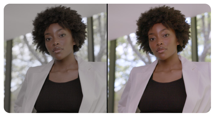 Half and half image showing before and after shadows and highlights adjustments, Blackmagic Design DaVinci Resolve Micro Panel